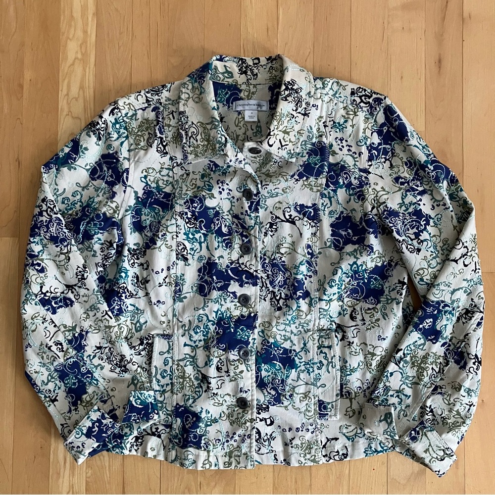 Embroidered cotton floral jacket blue green Medium Christopher & Banks